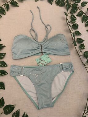 MARINA Shimmery Light Blue Rhinestone Heart Bikini